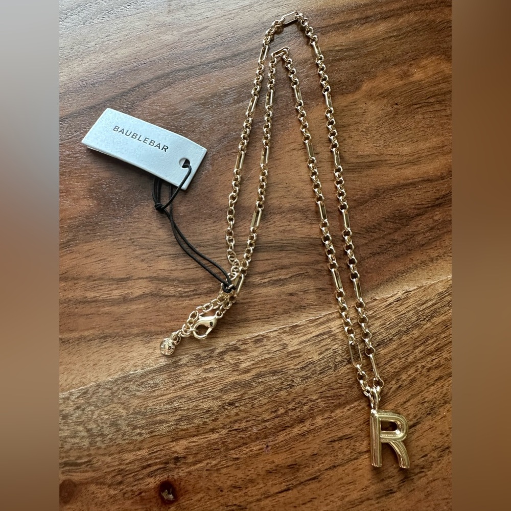NWT •R• Monogram Gold BaubleBar Fiona Necklace letter “R”
